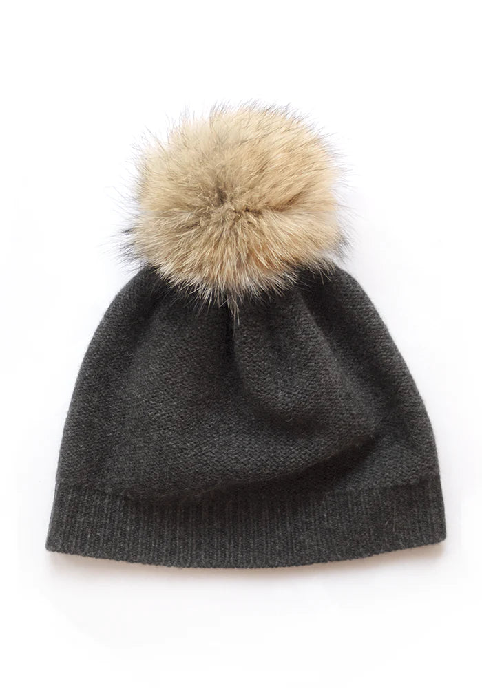 Fur pom pom cashmere beanie