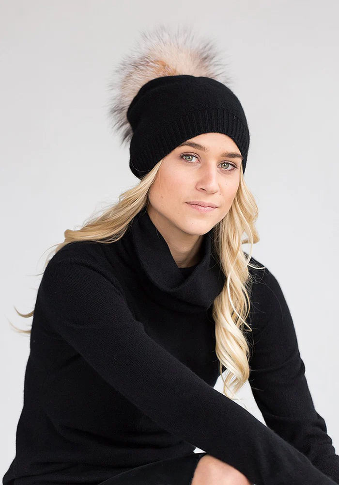Fur pom pom cashmere beanie