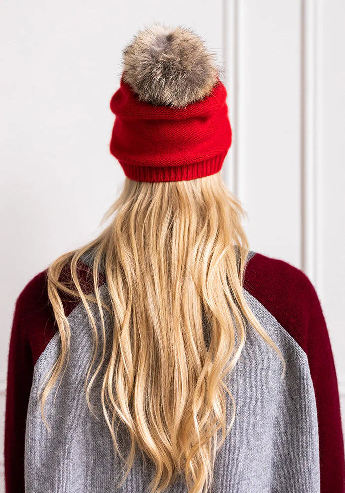 Fur pom pom cashmere beanie
