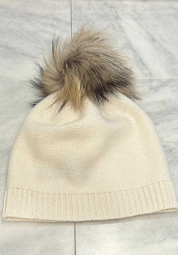 Fur pom pom cashmere beanie